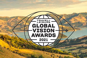 Banks Peninsula at sunset, Canterbury, South Island, New Zealand, Pacific with a Travel+Leisure Global Vision Awards logo