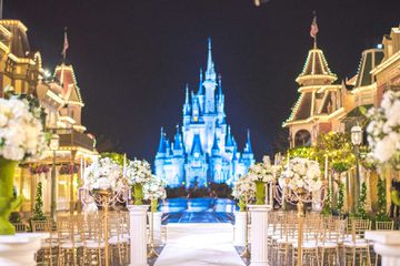 Wedding ceremony set up in front of Cinderella's Castle at Magic Kingdom Walt Disney World