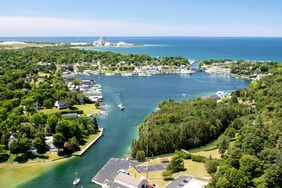 Aerial view of Round Lake in Charlevoix, MI