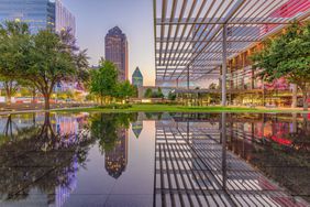 Dallas, Texas, USA downtown plaza and skyline.