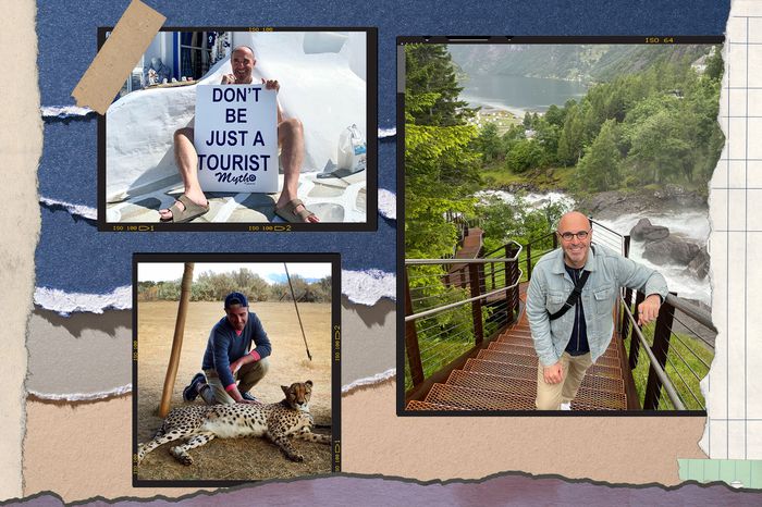 Michael Cohen in Greeze, petting a cheetah and on a scenic staircase 