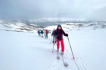 A woman leading a group skiing on Deception Island in Antarctica 