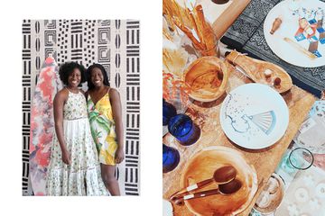 Pair of photos from Hidden Gem shop in the Hamptons, one showing a portrait of the owners, and one showing home goods