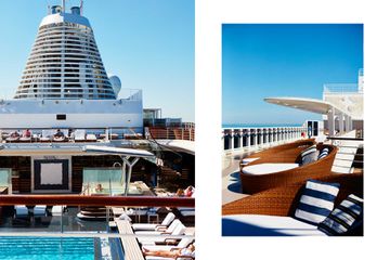 Two photos from the Regent Splendor cruise ship, one showing the pool deck, and one showing sun beds