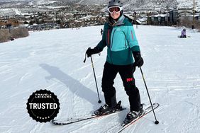 A person wearing Helly Hansen Switch Cargo gear while skiing